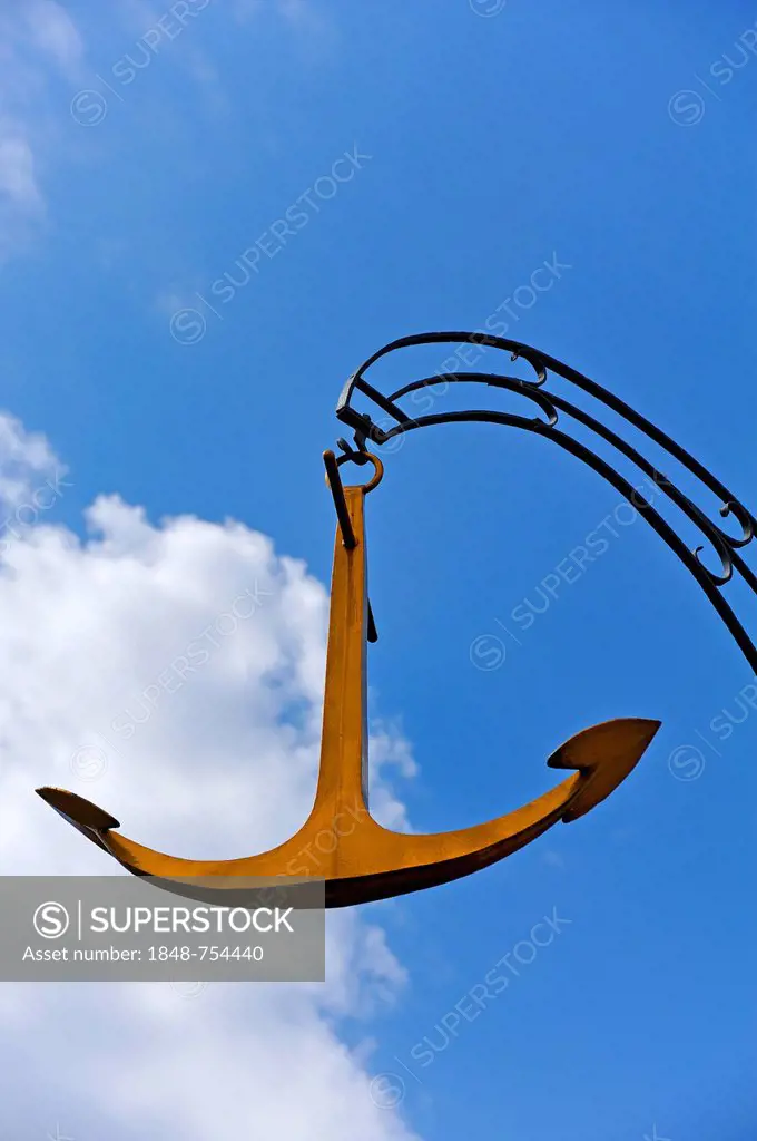 Golden anchor, hanging sign of the restaurnt Anker-Stube, Wipfeld, Lower Franconia, Bavaria, Germany, Europe