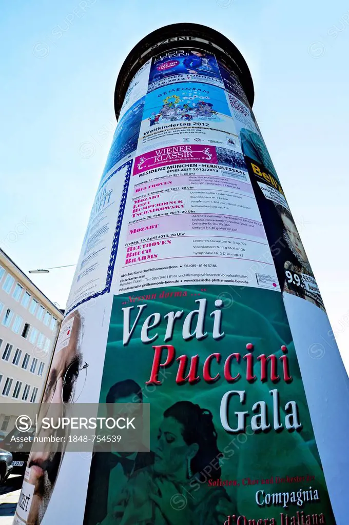 Advertising column with posters, Schwabing, Munich, Bavaria, Germany, Europe