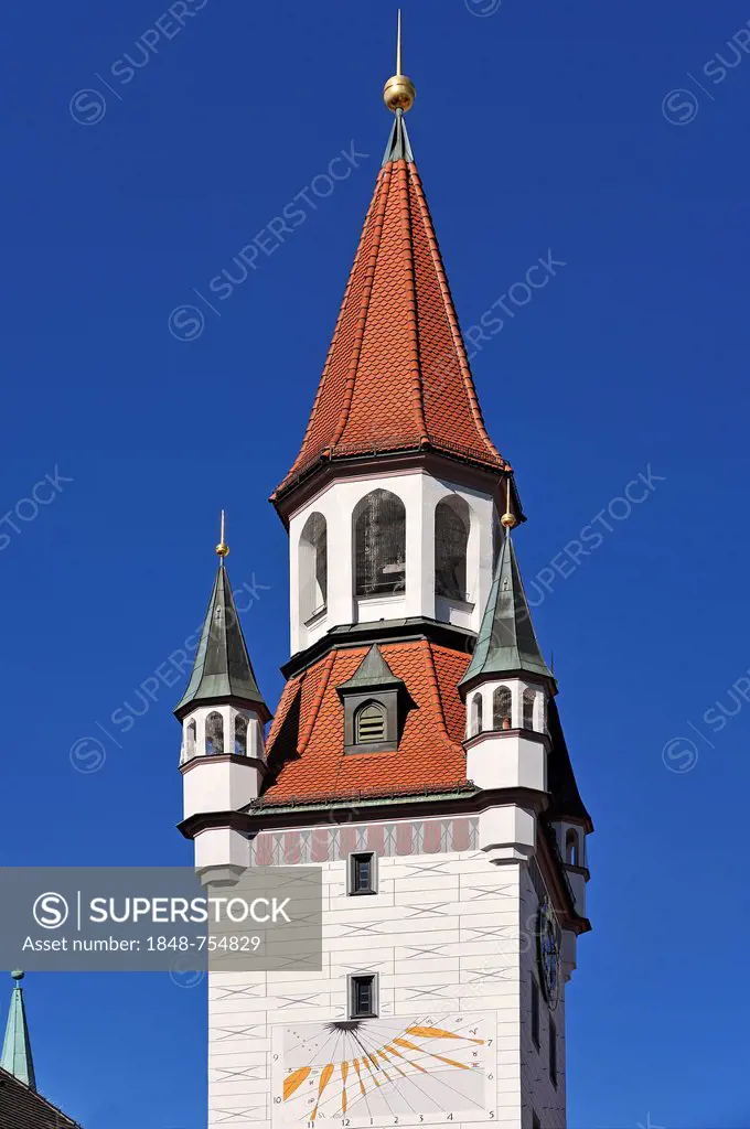 Tower of the Old City Hall against a blue sky, Marienplatz square, Munich, Bavaria, Germany, Europe