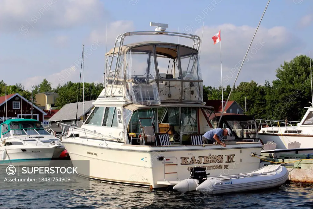 Boats at dock, Bras d'Or Lake, Baddeck, Cape Breton, Nova Scotia, Canada