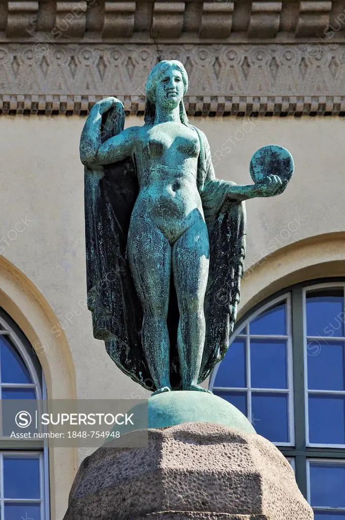 Allegorical figure on a pillar, 1908 by Hermann Hahn, at the rear of the University, Amalienstrasse street, Schwabing, Munich, Bavaria, Germany, Europ...