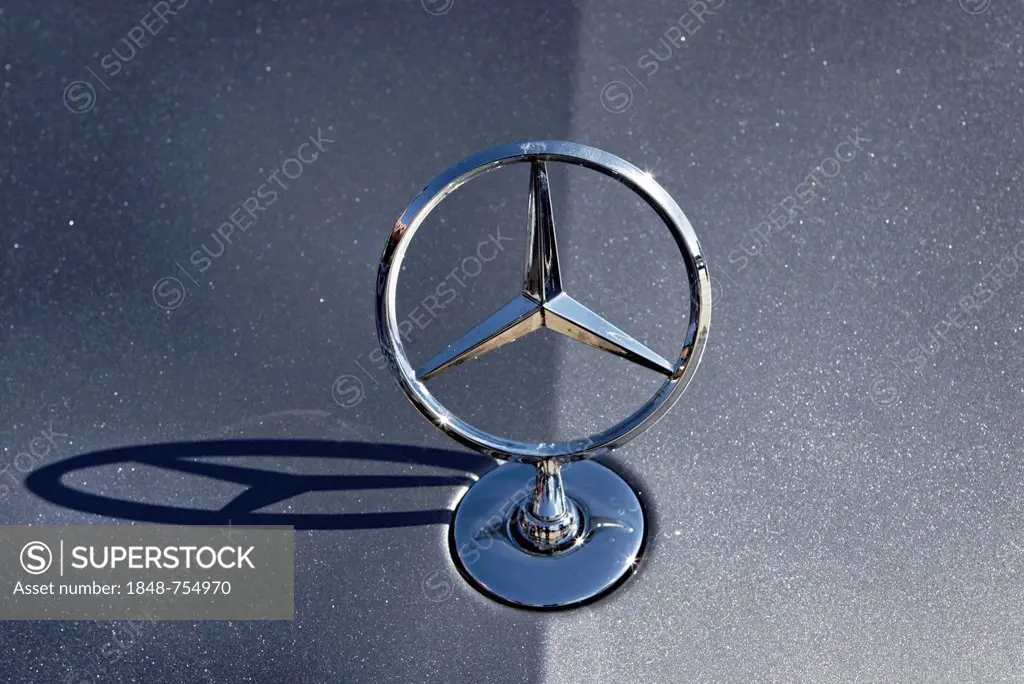 Star of Mercedes-Benz on the hood of a new E-Class car in Stuttgart, Baden-Wuerttemberg, Germany, Europe