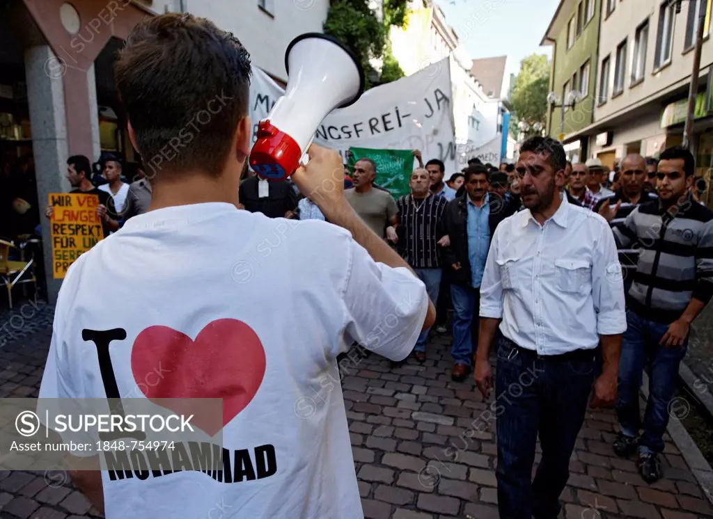 Muslims demonstrating peacefully against the Muhammad defamatory video in Freiburg, Baden-Wuerttemberg, Germany, Europe