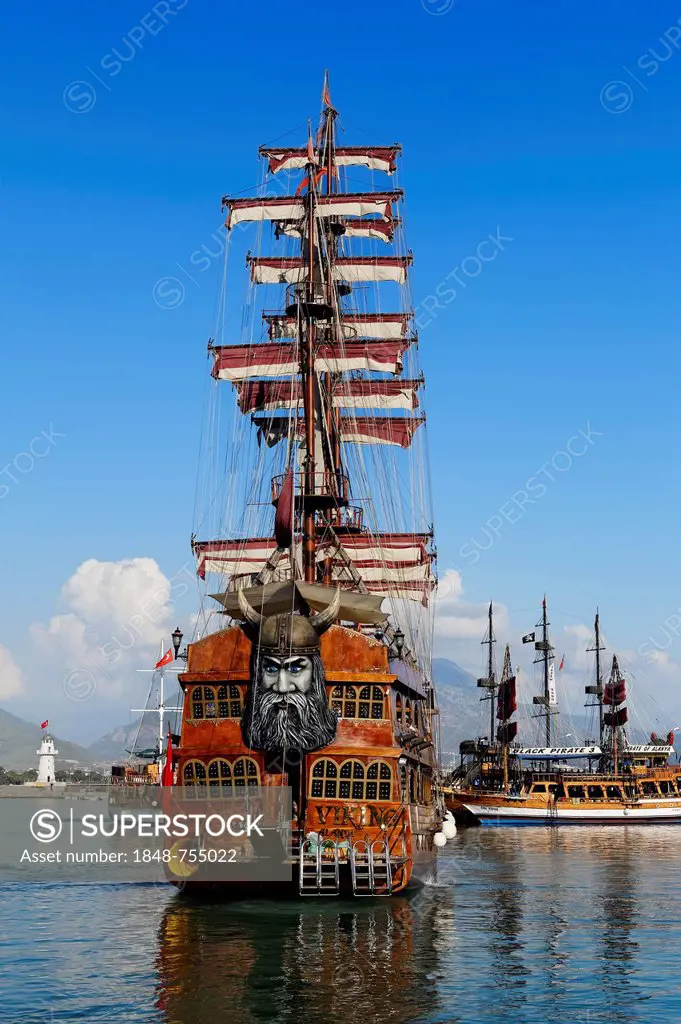 Excursion boat, pirate ship, three-master with the head of a viking in the port of Alanya, Antalya, Turkish Riviera, Turkey, Asia