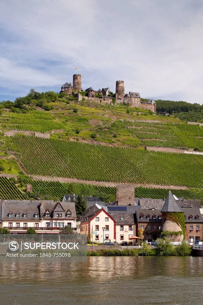 Village of Alken in front of the Alken Castle Hill with Burg Thurant Castle, Moselle river, Rhineland-Palatinate, Germany, Europe, PublicGround