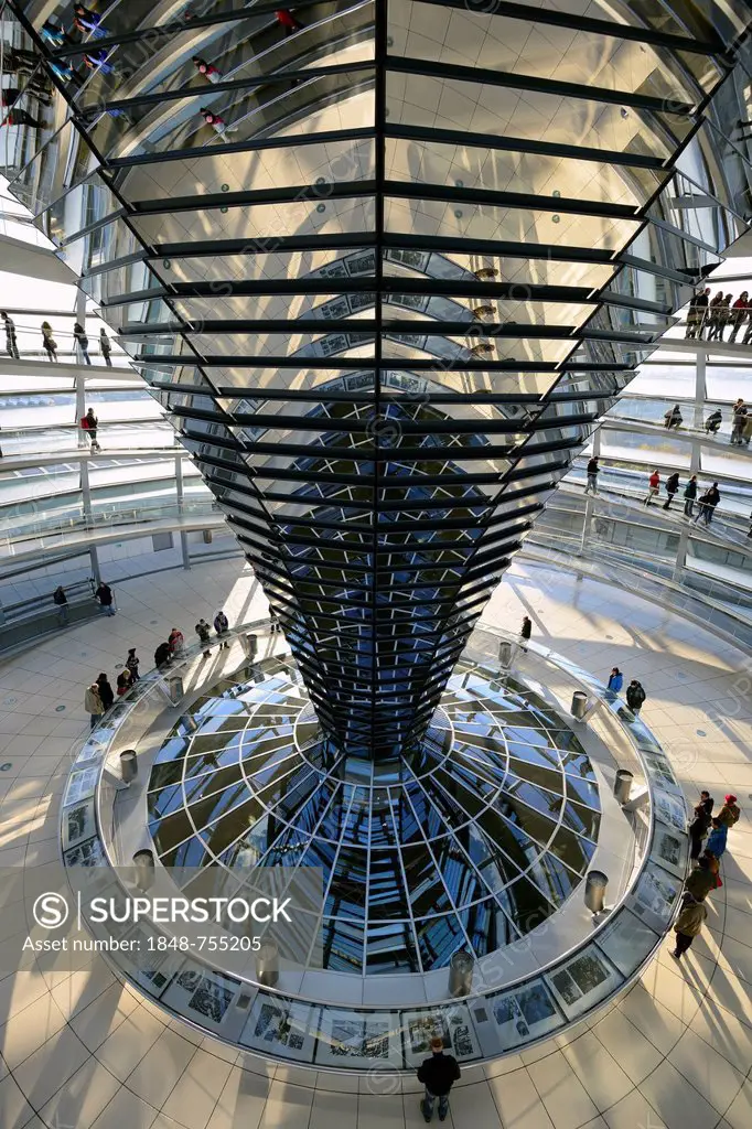 Interior with the mirrored central column of the dome of the Reichstag building, architect Sir Norman Foster, Berlin, Germany, Europe