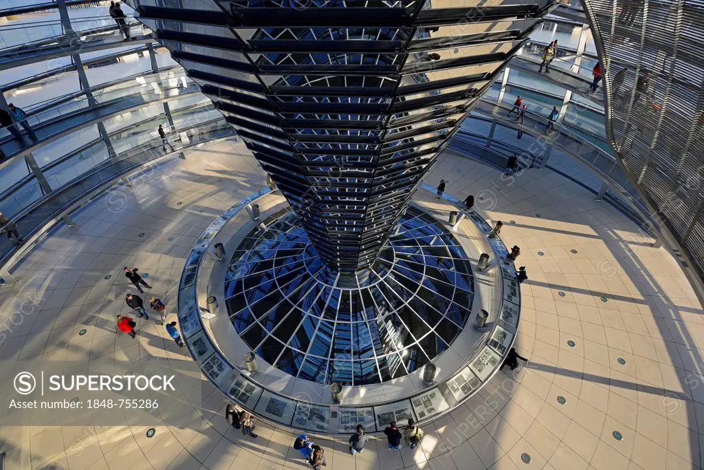 Interior with the mirrored central column of the dome of the Reichstag building, architect Sir Norman Foster, Berlin, Germany, Europe