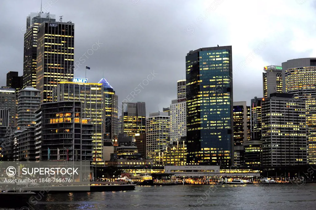 Evening mood, skyline of the Central Business District, CBD, Circular Quay East, Sydney Cove, Sydney Harbour, Sydney, New South Wales, NSW, Australia