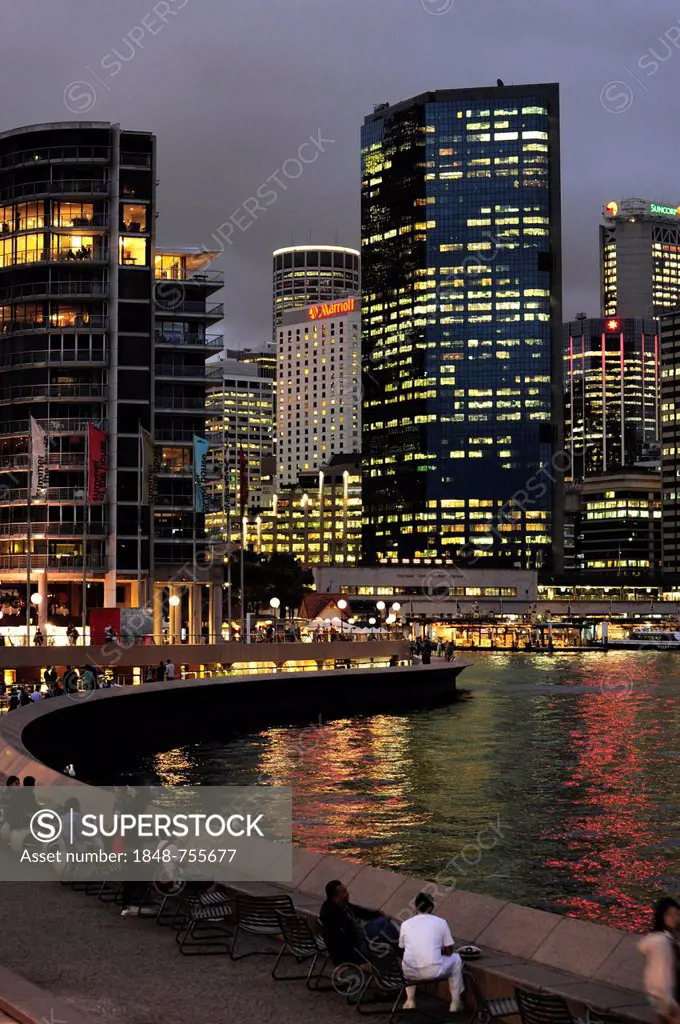 Evening mood, skyline of the Central Business District, CBD, people at Circular Quay East, Sydney Cove, Sydney Harbour, Sydney, New South Wales, NSW, ...
