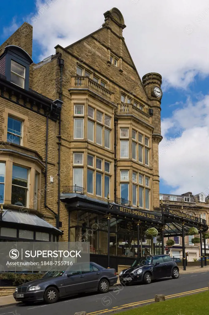 Betty's Cafe and Tea Rooms viewed from Montpellier Square, Harrogate, North Yorkshire, England, United Kingdom, Europe
