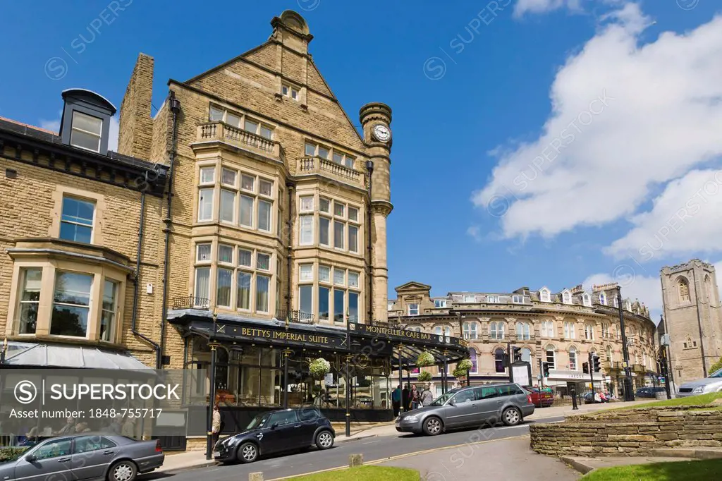 Betty's Cafe and Tea Rooms viewed from Montpellier Square, Harrogate, North Yorkshire, England, United Kingdom, Europe