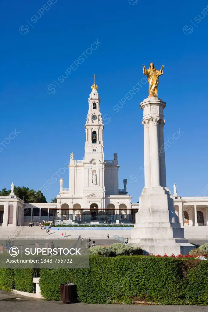Statue of Jesus Christ and The Basilica of Our Lady of the Rosary, Santuario de Fatima, Fatima Shrine, Sanctuary of Our Lady of Fatima, Fatima, Ourem,...
