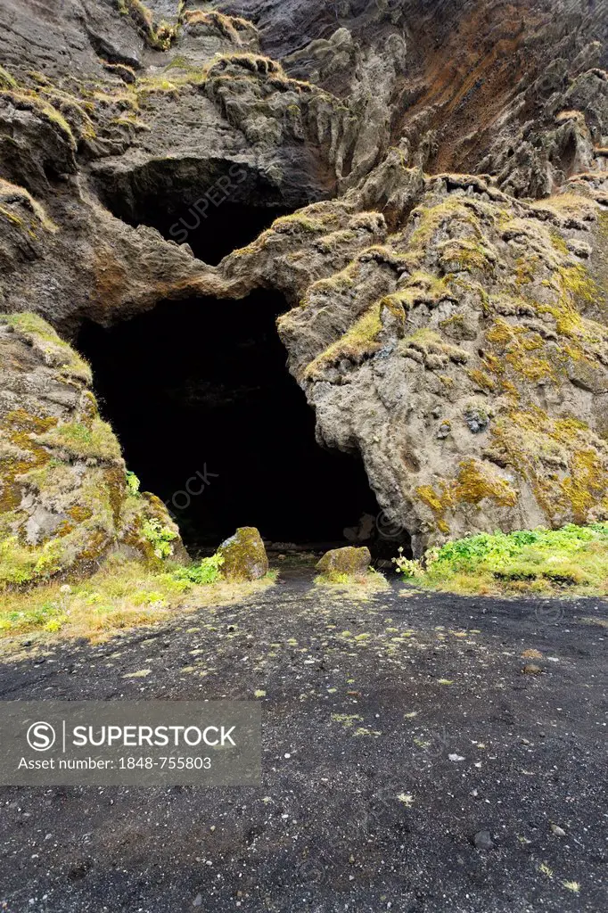 Cave in coastal cliff, Vik, Iceland, Europe