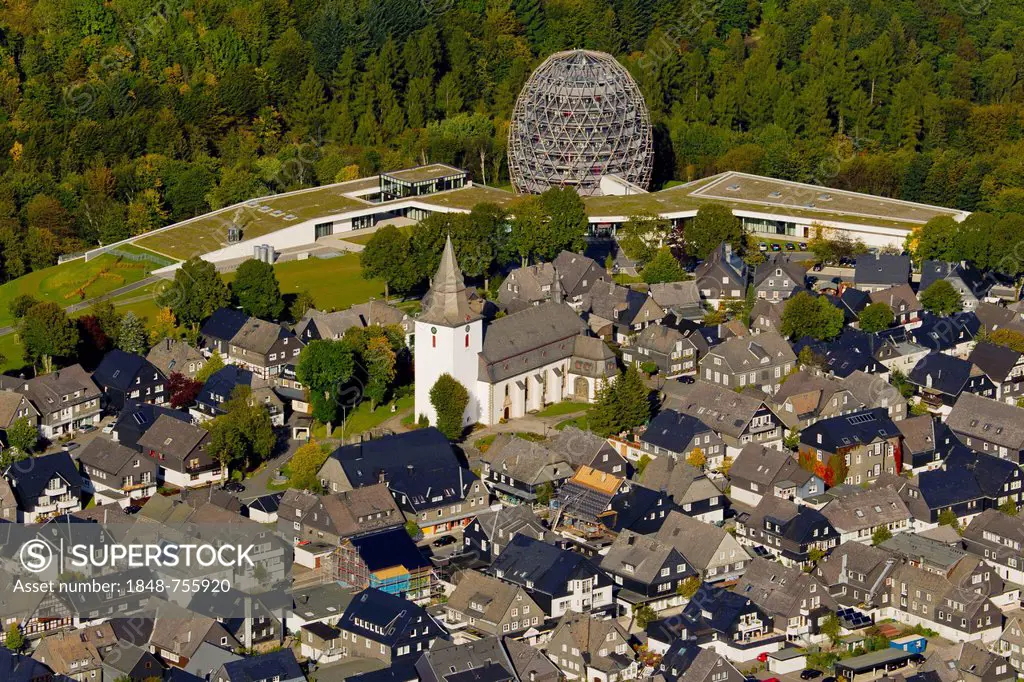Aerial view, the tourist information centre and the Oversum Vital Resort, Winterberg, Sauerland region, North Rhine-Westphalia, Germany, Europe