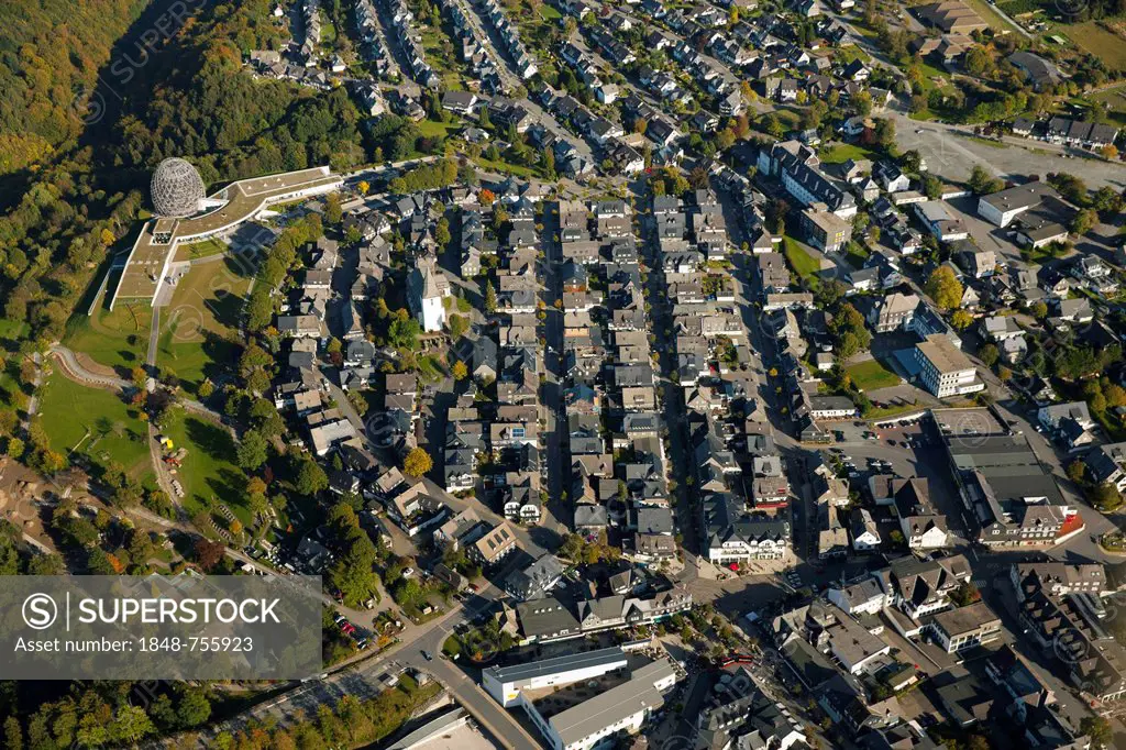 Aerial view, tourist information and Oversum Vital Resort, Winterberg, Sauerland, North Rhine-Westphalia, Germany, Europe