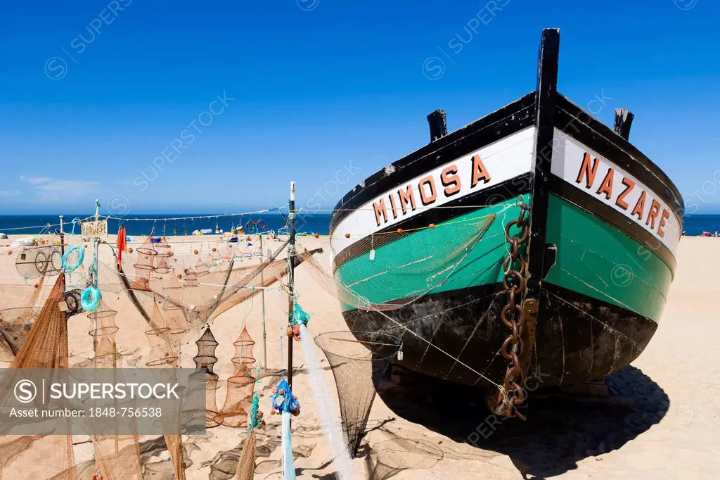 Mimosa fishing boat and nets, Praia da Nazare, Beach, Nazare, Oeste, Leiria District, Portugal, Europe