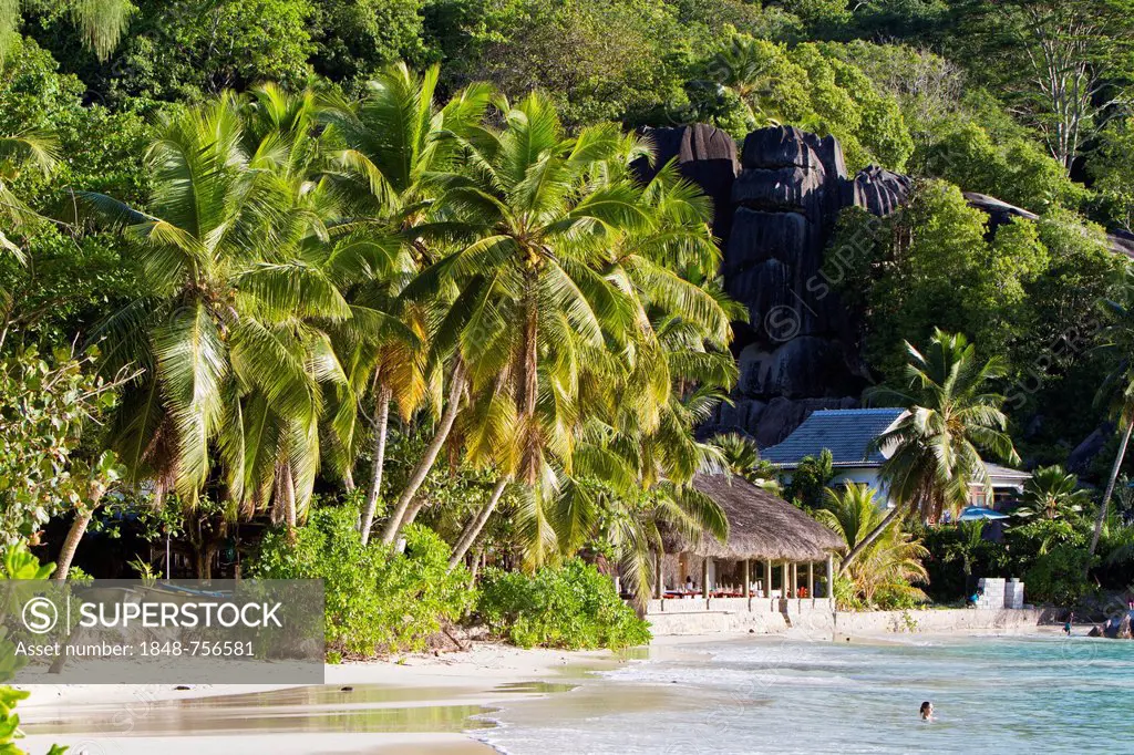 Beach at Anse Takamaka with a restaurant and Villas Chez Batista, Mahe Island, Seychelles, Africa, Indian Ocean