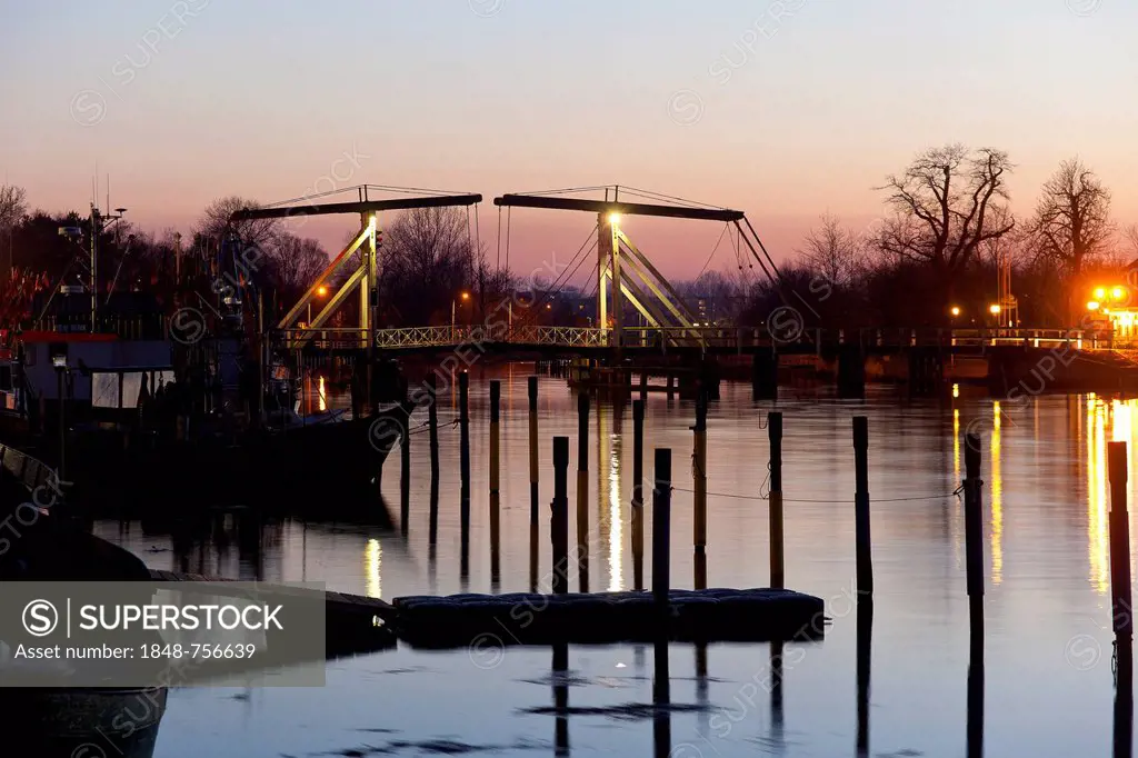 Wiecker bascule bridge at dusk in the fishing port of Wieck, Greifswald, Mecklenburg-Western Pomerania, Germany, Europe