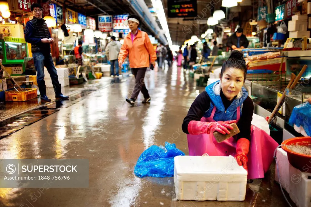 Vendors working at the Noryangjin Fish Market in Seoul, South Korea, Asia