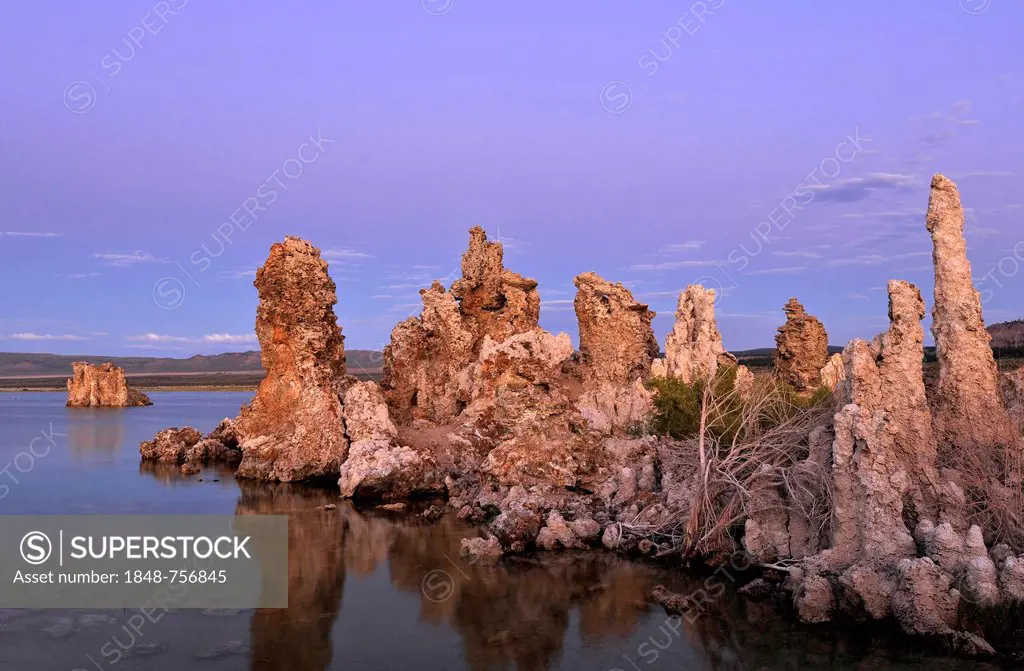 Dusk, Tufa Rocks at sunset, calc-tuff rock formations, South Tufa Area, Mono Lake, a saline soda lake, Mono Basin and Range region, Sierra Nevada, Cal...