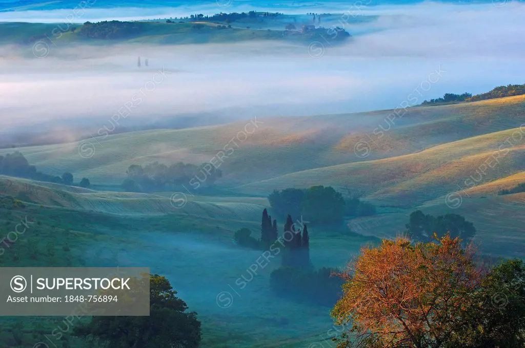 Val d'Orcia, Orcia Valley at dawn, morning fog, UNESCO World Heritage Site, Siena Province, Tuscany, Italy, Europe