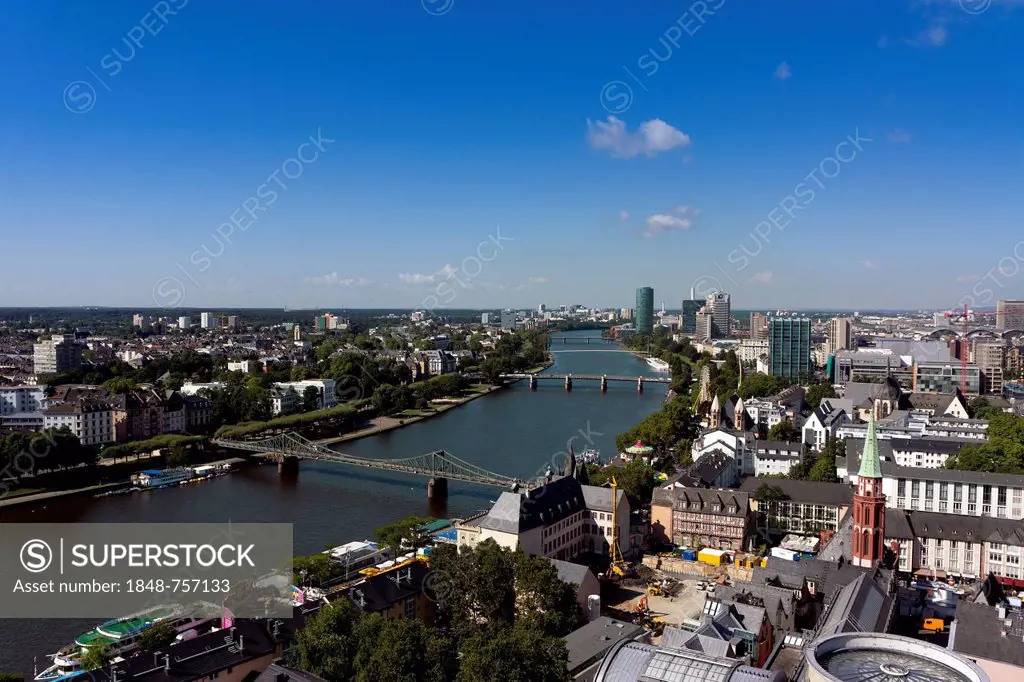 View over Frankfurt with the Main River, Frankfurt am Main, Hesse, Germany, Europe