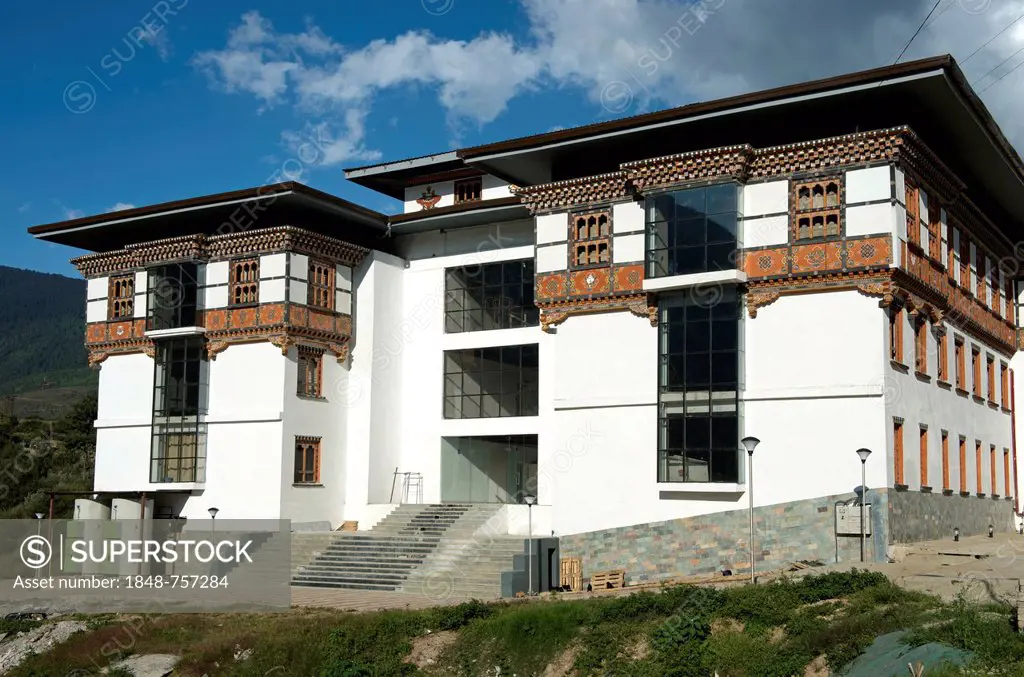Data center in the traditional Bhutan architectural style in Thimphu Tech Park, the first center for computer technology in Bhutan, Thimphu, Bhutan, S...