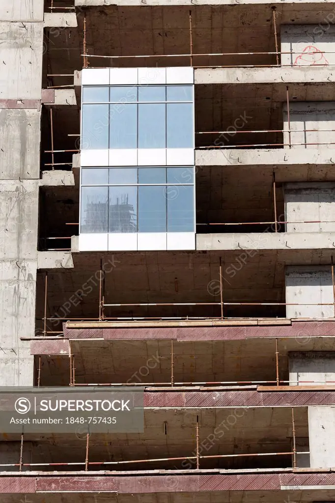 Single facade elements on the shell of a building, stopped construction project, Jumeirah Lake Towers, Dubai, United Arab Emirates, Middle East, Asia