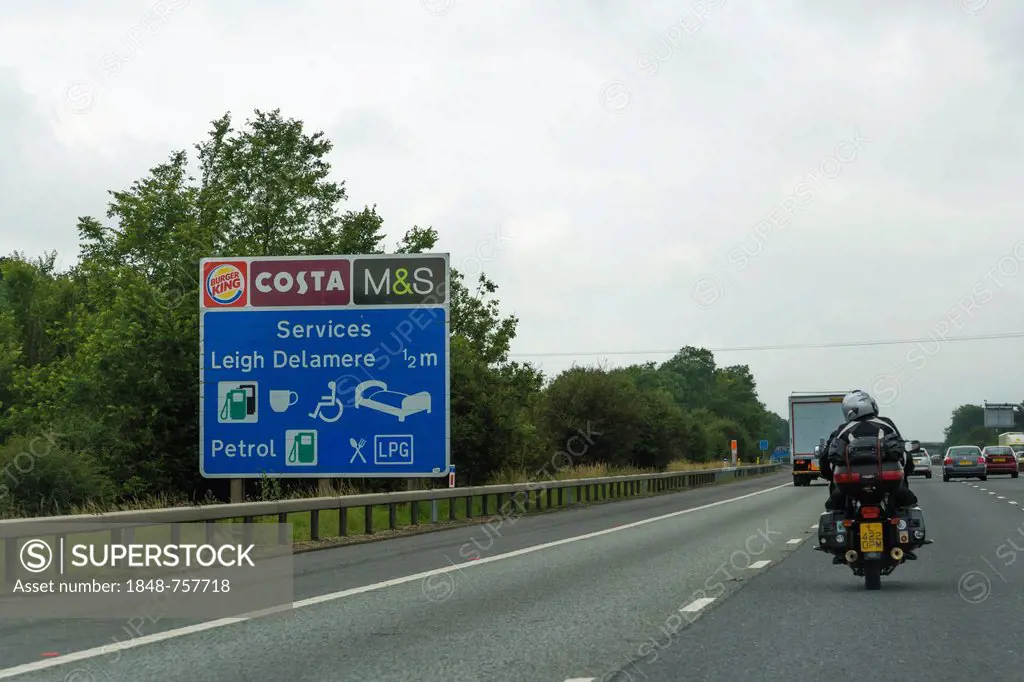 M4 Motorway, Leigh Delamere services sign, England, United Kingdom, Europe