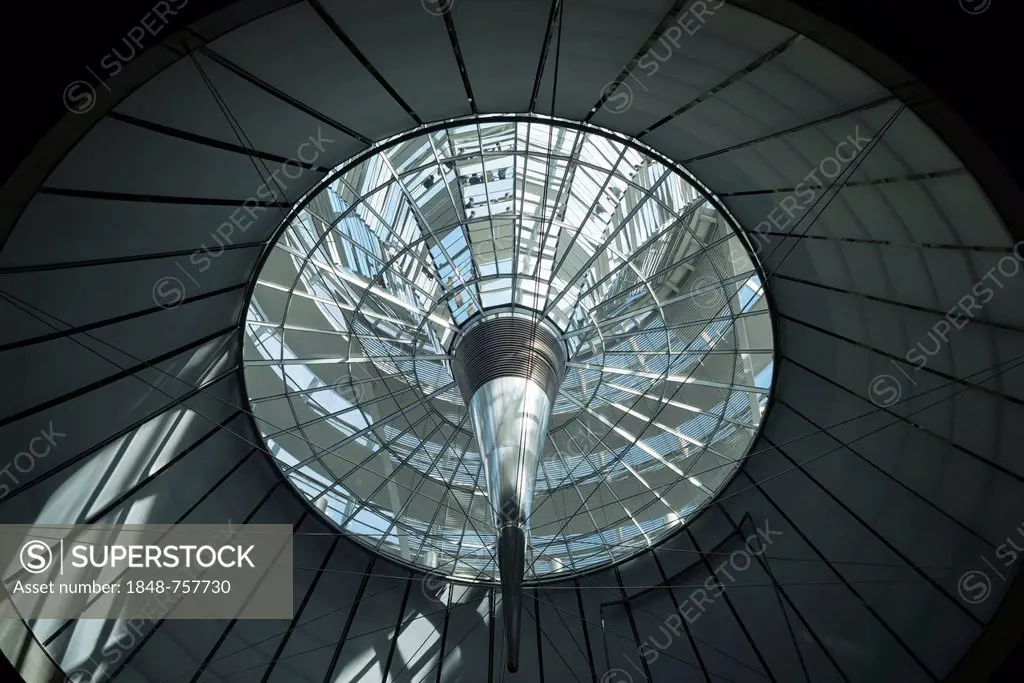 Interior shot of the glass dome of the Reichstag Building looking up from the plenary hall, Berlin, Germany, Europe
