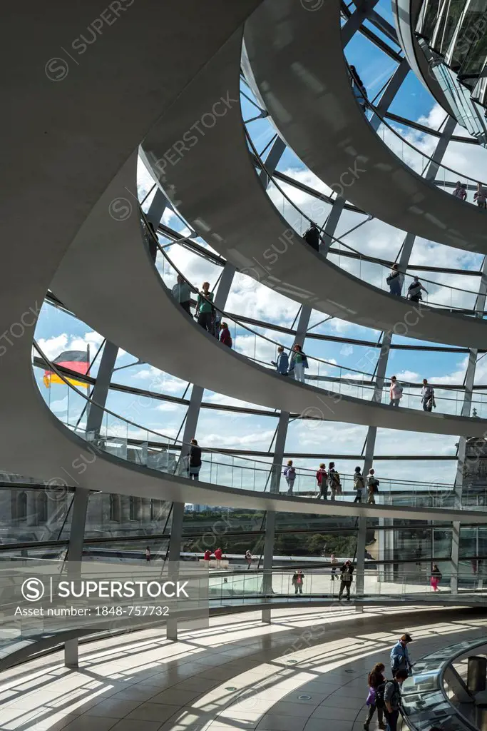 Interior shot of the glass dome of the Reichstag Building, Berlin, Germany, Europe