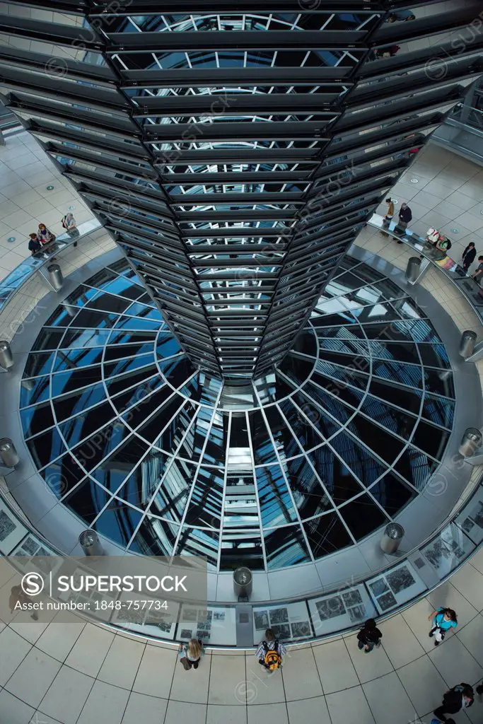 Interior shot of the glass dome of the Reichstag Building, daylight connection from roof to the lower plenary hall, Berlin, Germany, Europe