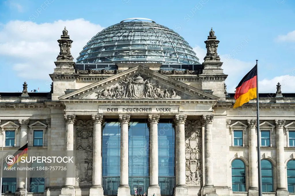 Detail of the Reichstag Building with its glass dome, Berlin, Germany, Europe, PublicGround