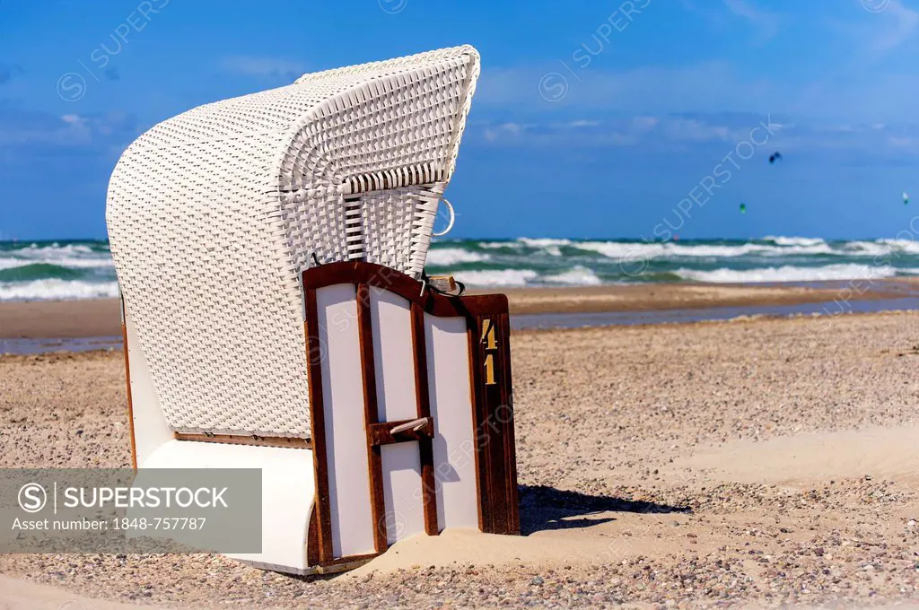 White beach chair on the beach, Warnemuende, Mecklenburg-Western Pomerania, Germany, Europe