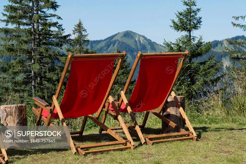 Deckchairs in the mountains, Alps, Tegernsee, Upper Bavaria, Bavaria, Germany, Europe