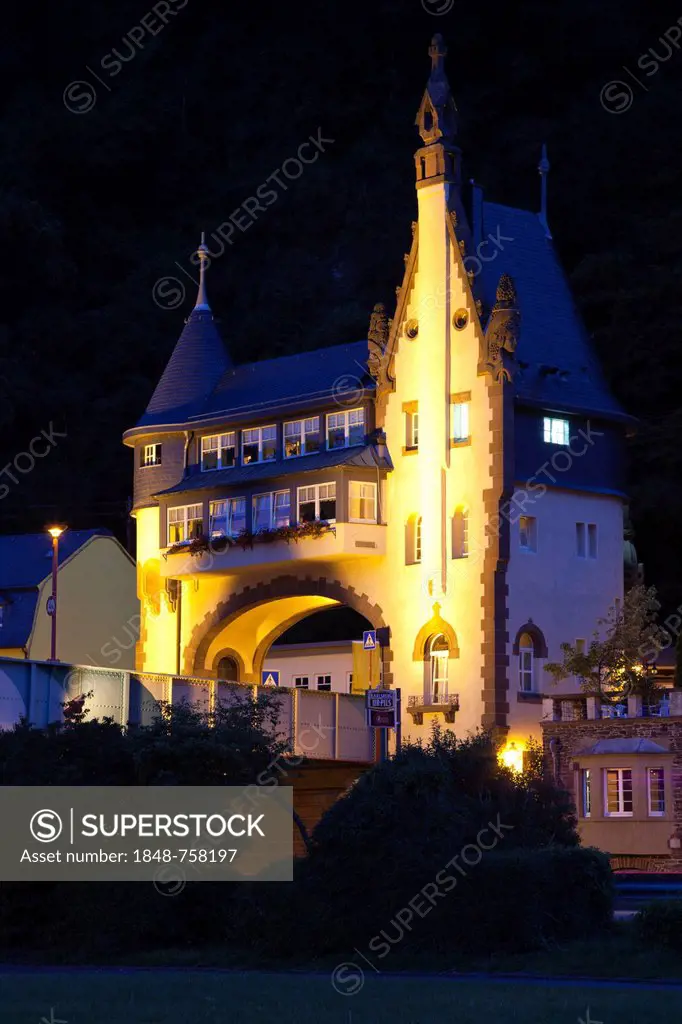 Bridge Gate at night, Traben-Trarbach, Rhineland-Palatinate, Germany, Europe, PublicGround