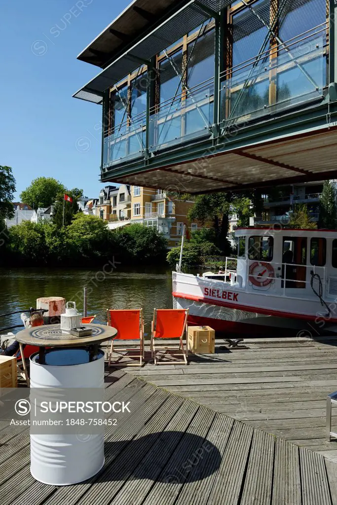 Alster river steamer on Osterbekkanal canal, deck chairs on the Muehlenkamp pier