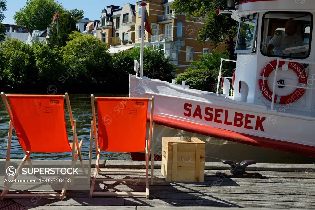 Alster river steamer on the Osterbekkanal canal, deck chairs on the Muehlenkamp pier
