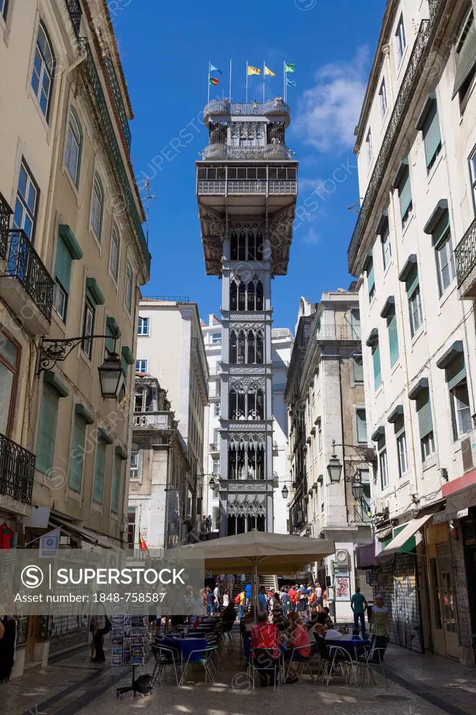 Rua de Santa Justa, Santa Justa Street, with The Santa Justa Lift, Elevador de Santa Justa, Carmo Lift, Elevador do Carmo, Lisboa, Lisbon, Portugal, E...