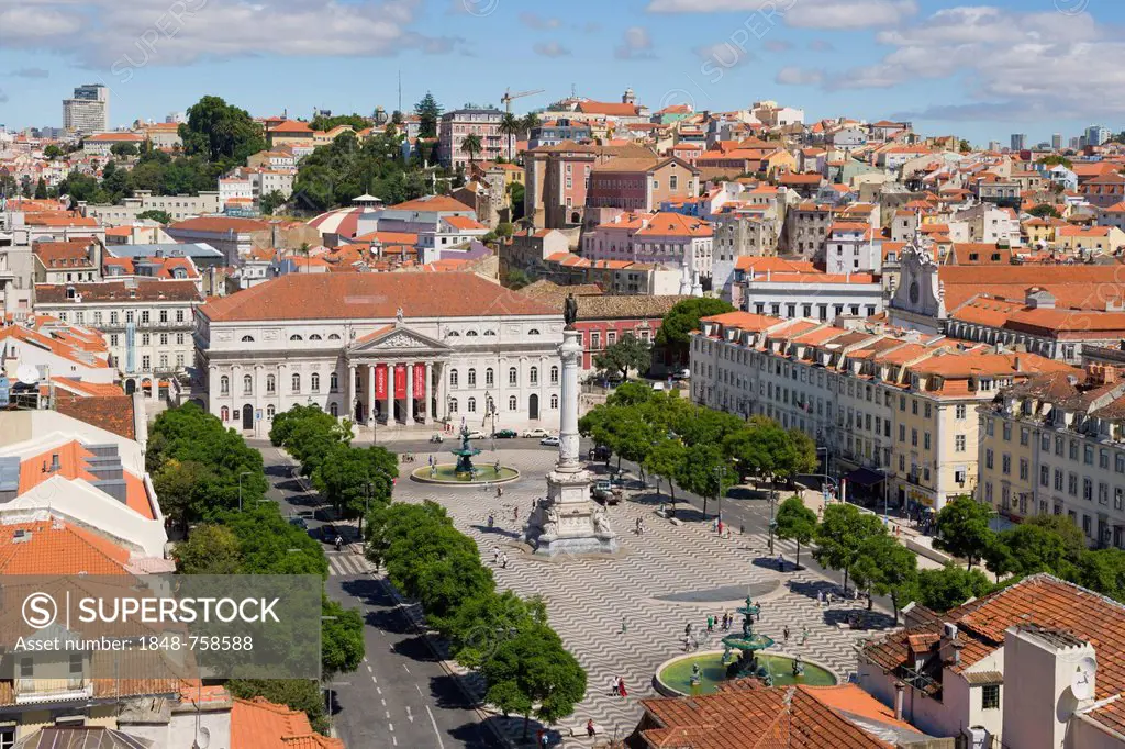 View on Rossio square, Pedro IV Square, Praca de D Pedro IV, with The National Theatre D Maria II, The Column of Pedro IV,and bronze fountains from th...