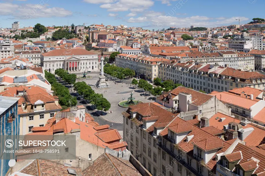 View on Rossio square, Pedro IV Square, Praca de D Pedro IV, with The National Theatre D Maria II, The Column of Pedro IV, and bronze fountains from t...