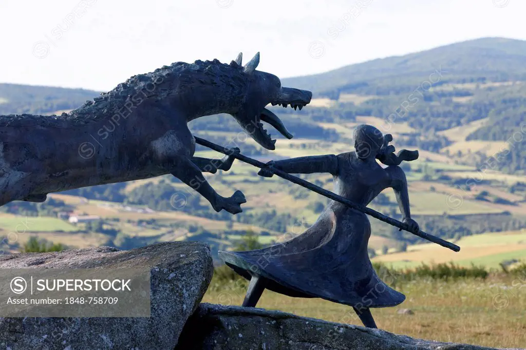 Monument of the Beast of Gevaudan, village of Auvers, Gévaudan, Monts de la Margeride, Margeride mountains, Haute Loire, Auvergne, France, Europe
