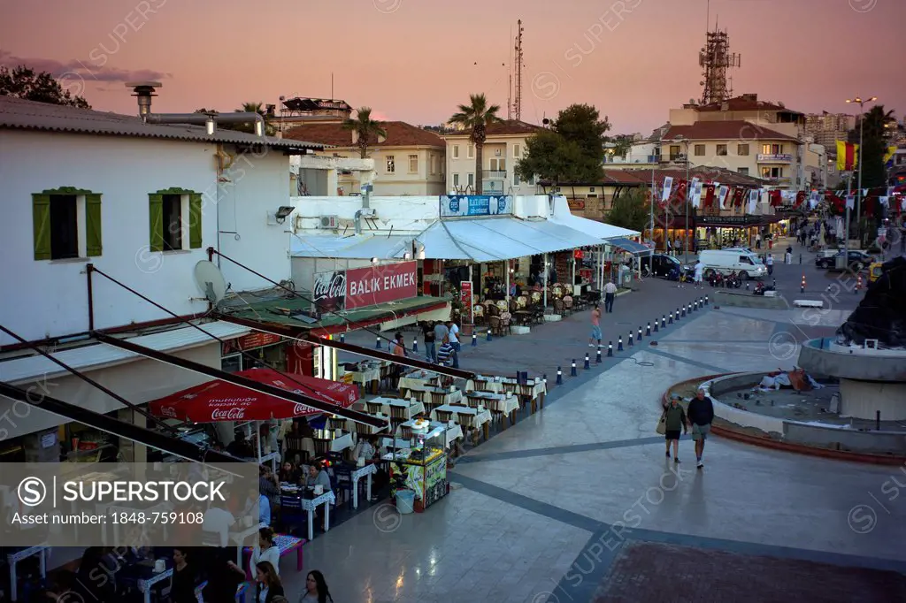 Restaurants in the harbour area, Kusadasi, Aydin Province, Turkey, Asia
