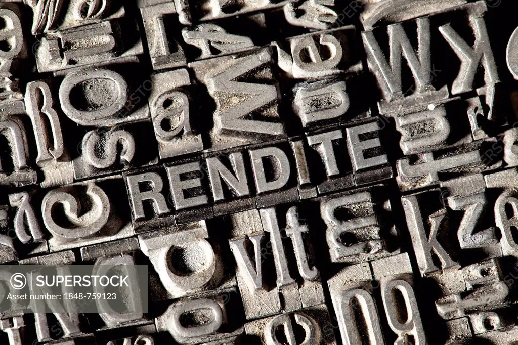 Old lead letters forming the word RENDITE, German for yield