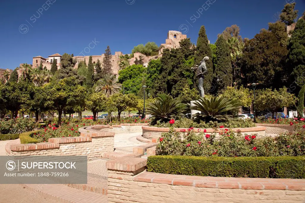 Gardens of Jardines de Pedro Luis Alonso with Alcazaba Fortress at the rear, Málaga, Andalucia, Spain, Europe, PublicGround