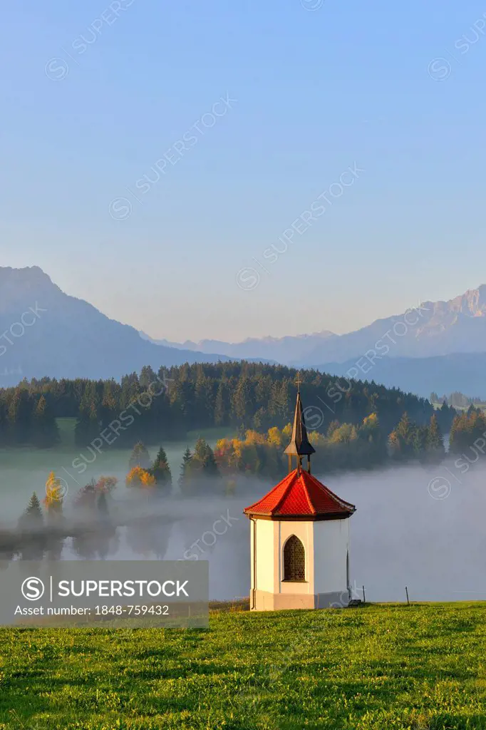 Chapel on Lake Hegratsried, near Fuessen, Allgaeu, Bavaria, Germany, Europe