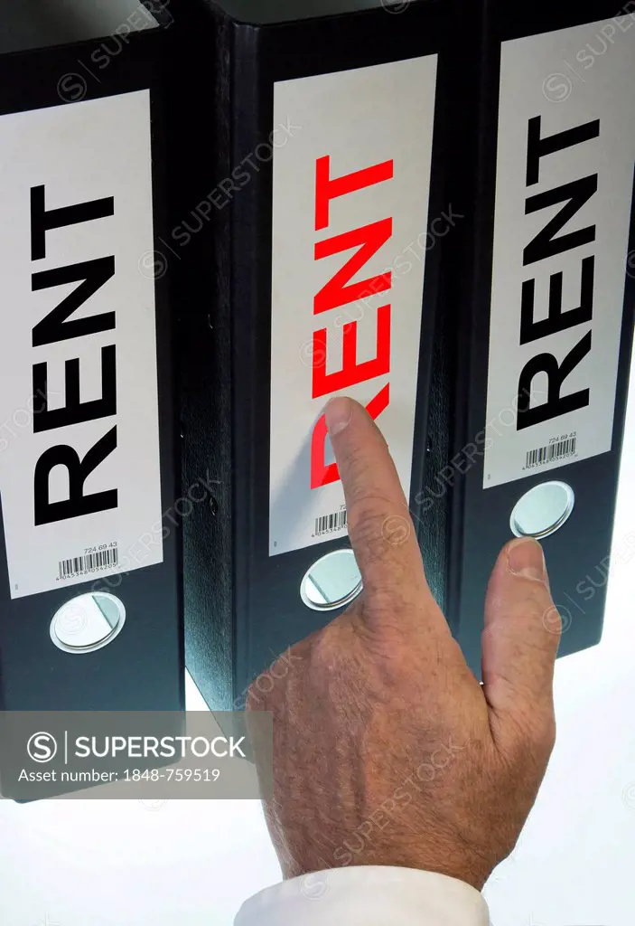 Hand pointing to a file folder labeled Rent