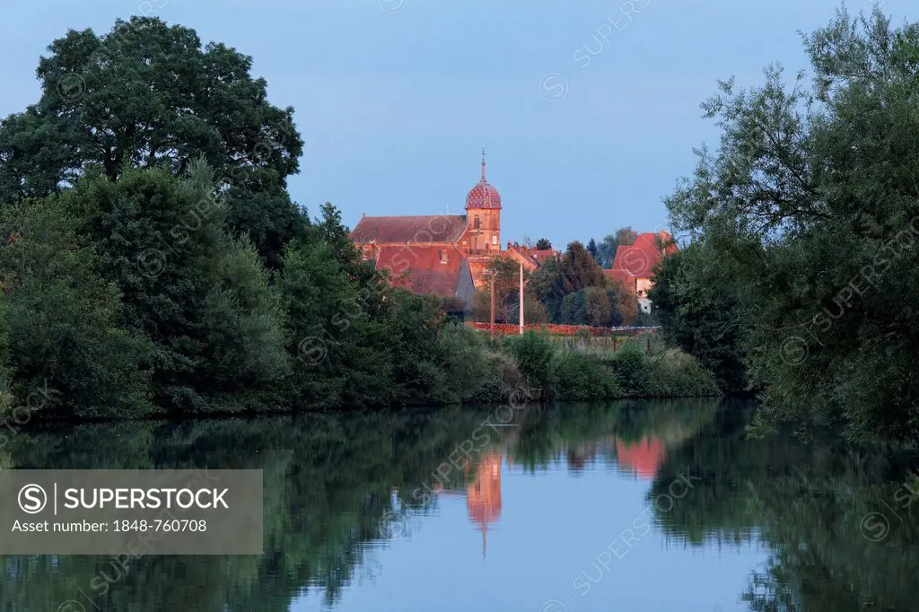 Church of Baulay in evening light, on the Saône River at PK 380