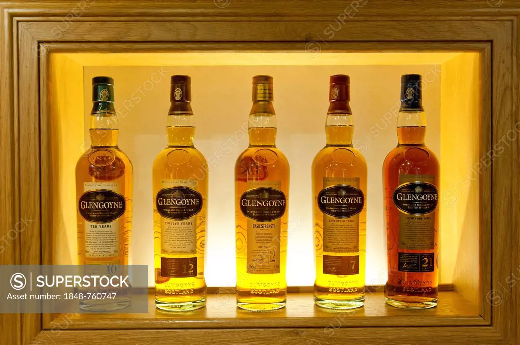 Range of Glengoyne Distillery whiskey bottles, whiskey distillery