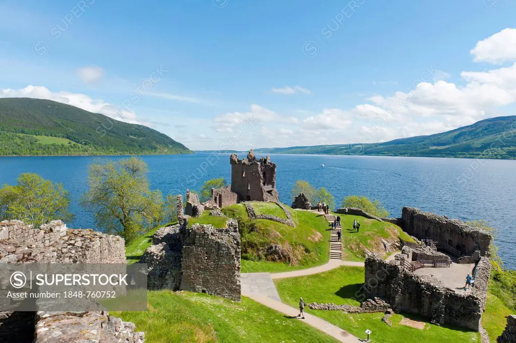 Castle ruins, tower and walls, Urquhart Castle above Loch Ness